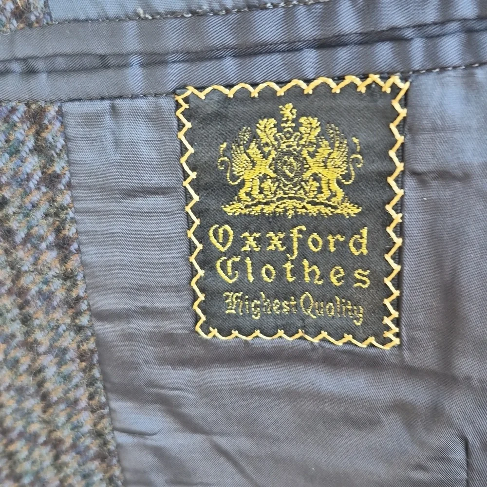 OXXFORD Green Grey Tan Plaid Houndstooth Weave Tweed Sz 40 R Mens Sport Coat VTG